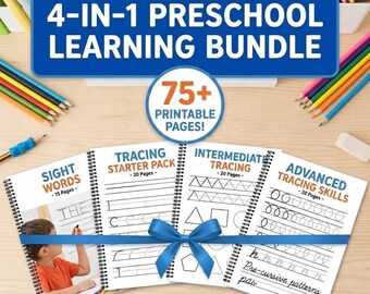 4-in-1-Lernpaket für Vorschulkinder (PDF) | 75-seitiges Übungsheft zum Nachzeichnen und Lernen von Sichtwörtern | Schreibübungen, Liniennachzeichnen, Arbeitsblätter für Leseanfänger
