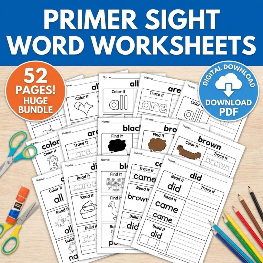 Primer Sight Word Worksheets | 52-page Kindergarten Bundle | Trace ...
