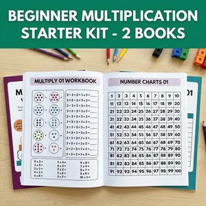 Peut inclure: Un kit de démarrage pour l'apprentissage de la multiplication avec deux livres. L'un présente des problèmes de multiplication avec des aides visuelles, l'autre est un tableau de nombres. Les livres sont ouverts, affichant des exercices et des tableaux de nombres.