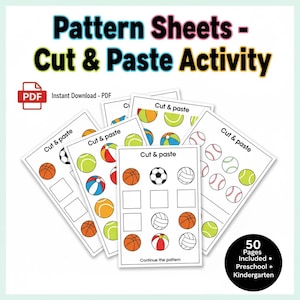Peut inclure: Feuilles de motifs blanches pour une activité de découpage et de collage. Les feuilles présentent divers ballons de sport, dont des ballons de basket-ball, de football et de baseball. Le texte sur les feuilles indique "Cut & Paste" et "Continue the pattern".