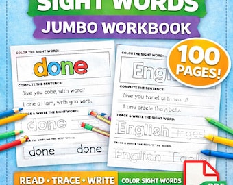 Übungsheft für häufige Wörter | Lesen, Nachzeichnen, Schreiben, Ausmalen von häufigen Wörtern | 100 Arbeitsblätter für Kindergarten und Vorschule | Digitaler Download