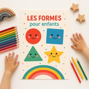 Peut inclure: Une affiche éducative colorée avec le texte "LES FORMES pour enfants" présente un cercle rouge, un carré bleu, un triangle vert et une étoile jaune, chacun avec un visage souriant. Des jouets en bois, dont un arc-en-ciel et des étoiles, sont également visibles.