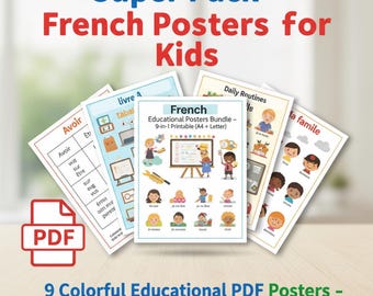 Französisch-Lernpaket: 9 wichtige Grammatik- und Vokabelposter für Kinder (A4 - zum Ausdrucken)
