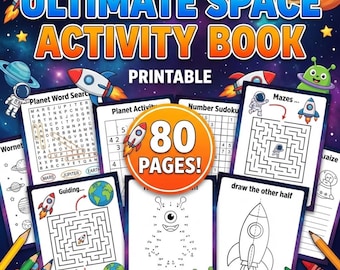 Ultimatives Weltraum-Aktivitätsbuch zum Ausdrucken | 80-seitiges Astronomie-Arbeitsbuch für Kinder | Labyrinthe, Wortsuche, Sudoku, Punkt-zu-Punkt-Bilder & Zeichenvorlagen (PDF)