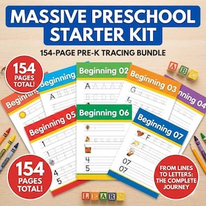 Peut inclure: Un kit de démarrage préscolaire avec des pages de traçage. Le kit comprend des pages colorées avec des lettres, des chiffres et des exercices de traçage. Le texte sur l'image dit "MASSIVE PRESCHOOL STARTER KIT" et "154-PAGE PRE-K TRACING BUNDLE".