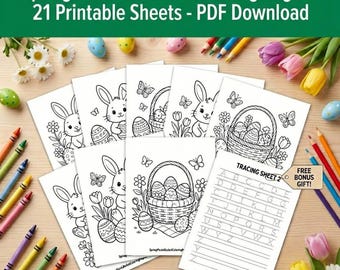 Malvorlagen für einen Frühlingspicknickkorb, 21 druckbare Blätter, Malbuch mit niedlichem Osterhasen und Eiern, Frühlingsaktivität für Kinder, PDF-Download