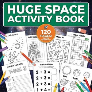Peut inclure: Un grand cahier d'activités sur le thème de l'espace avec 120 pages. Il comprend des jeux de points à relier, des copies de grilles, des labyrinthes et des exercices de mathématiques. Des crayons de couleur entourent les pages.