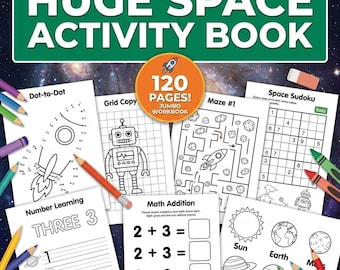 Riesiges Weltraum-Aktivitätsbuch zum Ausdrucken | 120-seitiges Arbeitsheft (PDF) | Punkt-zu-Punkt-Bilder, Labyrinthe, Sudoku, Addition, Zahlen nachzeichnen 1-9, Ausmalen
