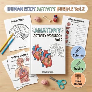 Peut inclure: Cahier d'activités d'anatomie Vol. 2 avec des schémas du cerveau, du cœur et des poumons humains. Comprend des activités de coloriage, de traçage et un bonus gratuit. Le cahier est entouré de crayons, de ciseaux et de modèles anatomiques.