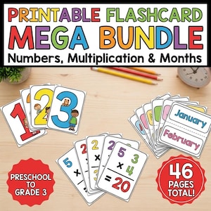 Peut inclure: Ensemble de cartes flash colorées pour l'apprentissage précoce, avec des chiffres, des multiplications et des mois. L'image affiche des cartes avec des designs colorés et le texte "PRINTABLE FLASHCARD MEGA BUNDLE". Le texte "46 PAGES TOTAL!" est également présent.