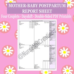 May include: A printable postpartum report sheet for mothers and babies. The sheet is divided into four sections, each with a different color. The sheet is designed to be used by nurses and other healthcare professionals.