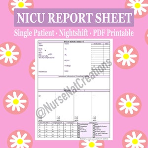 May include: A printable NICU report sheet for a single patient's nightshift. The sheet includes sections for basic patient information, medications, vital signs, and daily tasks. The sheet is designed for nurses and other healthcare professionals.