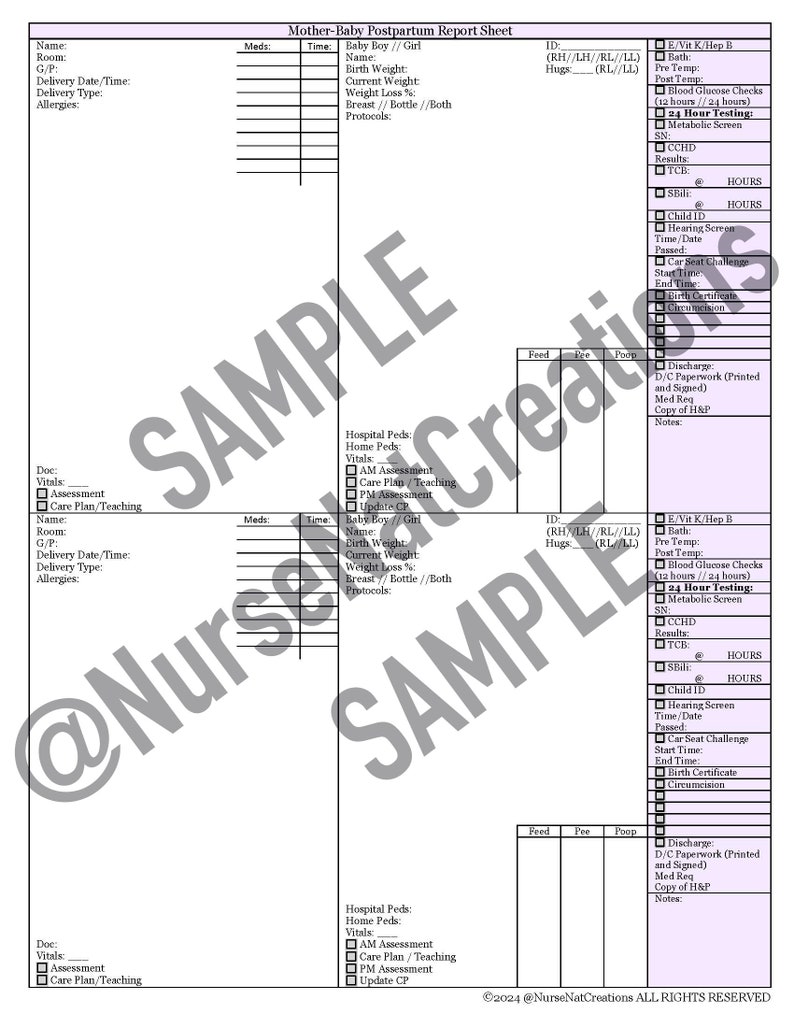 Post Birth Pdf Mother-baby Postpartum Report Sheet - Four Couplets Double-sided ...