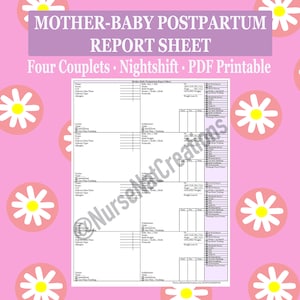 May include: A printable postpartum report sheet for mothers and babies. The sheet is divided into four sections, each with a heading for "Doctor", "Care Plan Tracking", "Productions", and "Baby Info". The sheet is designed for use by nurses or other healthcare professionals.