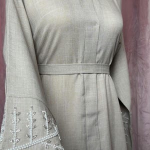 Linen Abaya set, Abaya Dubai, Handwork Abaya, Sleeves Embellished Abaya dress, Eid Abayas, Buttoned Abaya, Beige Abaya for woman
