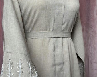 Beige Linen Abaya Set with Embellished Sleeves, Dubai Modest Dress