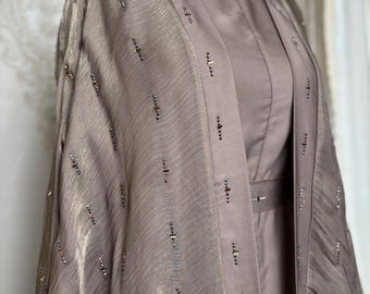 Taupe Silky Abaya Set with Hijab & under dress, Elegant Modest Eid Outfit, Luxury Muslim Dress, Open Abaya Organza with Belt for women