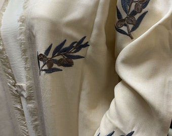 Conjunto de abaya beige bordada, 4 piezas, abaya, hiyab y cinturón