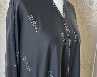 Naya Black Beaded Farasha Abaya Front Open with Buttons & Matching Scarf, Luxury Batwing Dubai Abaya for Eid, Wedding, Modest Occasion Wear