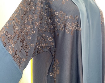 Blue Embroidered Abaya Set, Front Open Buttoned Abaya, Belted Hijab Abayas for women, Muslim Women Embroidery Dress