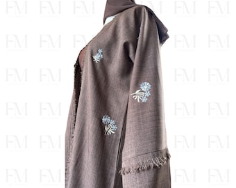 Embroidered Brown Linen Abaya Set, Modest Muslim Outfit
