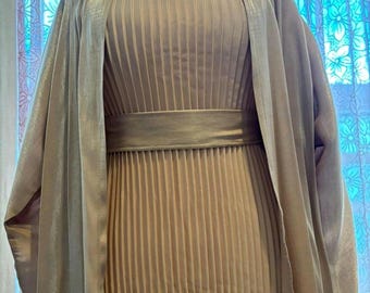 Apricot Shimmer Abaya Set, Pleated Slip Dress, Hijab, Belt