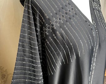 Black rhinestones Farasha Abaya Front Open with Buttons & Matching Scarf, Luxury Batwing Dubai Abaya for Eid, Wedding, Modest Occasion Wear