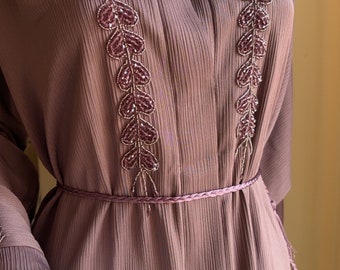 Embellished Beige Abaya Set, Dubai Modest Dress, Matching Hijab