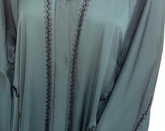 Green Embellished Abaya Set, Modest Muslim Dress with Hijab