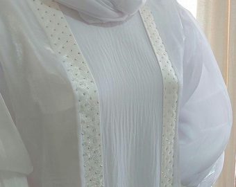 White Organza Abaya Set: Wedding Party Dress, Hijab & Belt