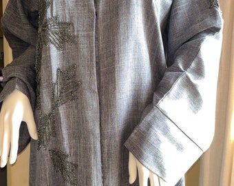 Blue Embellished Linen Abaya Dress with Matching Hijab, Buttoned Abaya set, Pearl Abaya, Eid Outfit, Ramadan