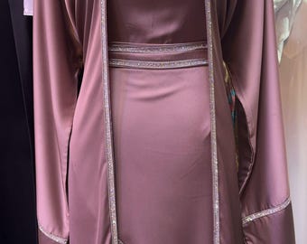 Elegant Pink Embellished Abaya Set, Modern Modest Dress