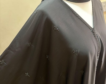 Black Beaded Farasha Abaya Front Open with Buttons and Matching Scarf, Luxury Batwing Dubai Abaya for Eid, Wedding, Modest Occasion Wear