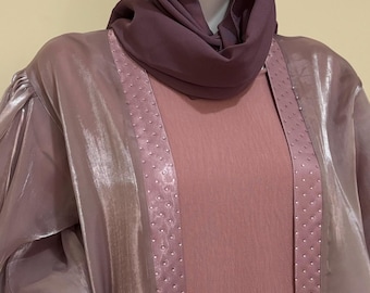 Elegant Embellished Abaya Set, Dusty Pink Purple Abaya, Modest Muslim Wear