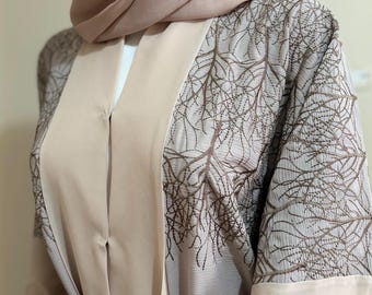 Beige Embroidered Abaya Set with Hijab and Belt, Front Open, Buttoned Abaya, Eid Outfit, Ramadan Kimono