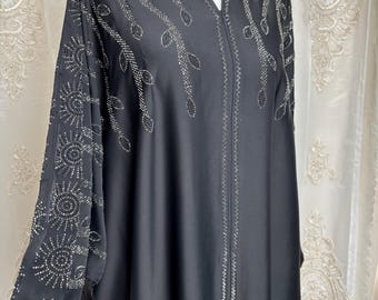 Luxury Black Farasha Abaya, Front Open with Buttons and Matching Scarf, Elegant Batwing Dubai Abaya for Eid, Wedding Modest Occasion Wear