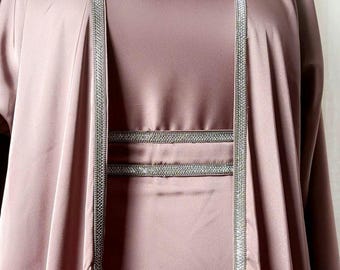 Satin Abaya Set, Embellished Pink Modest Dress