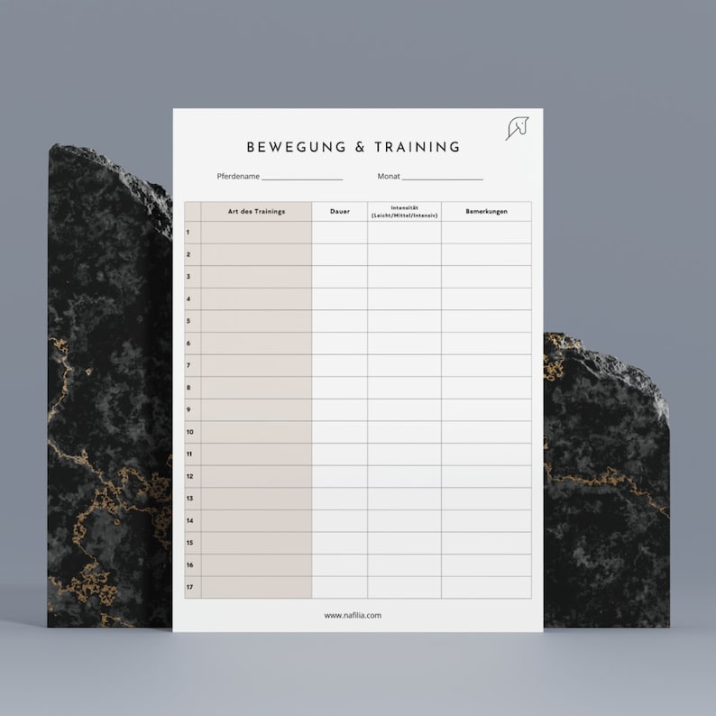 May include: A printable horse training log with the title "Bewegung & Training" in German. The log has columns for the date, type of training, duration, intensity, and notes.
