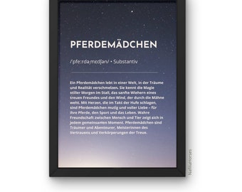 Pferdemädchen Definition Poster, gedrucktes Pferde Plakat in verschiedenen Größen OHNE Rahmen, Geschenk für Kinder und Reiter, Himmel