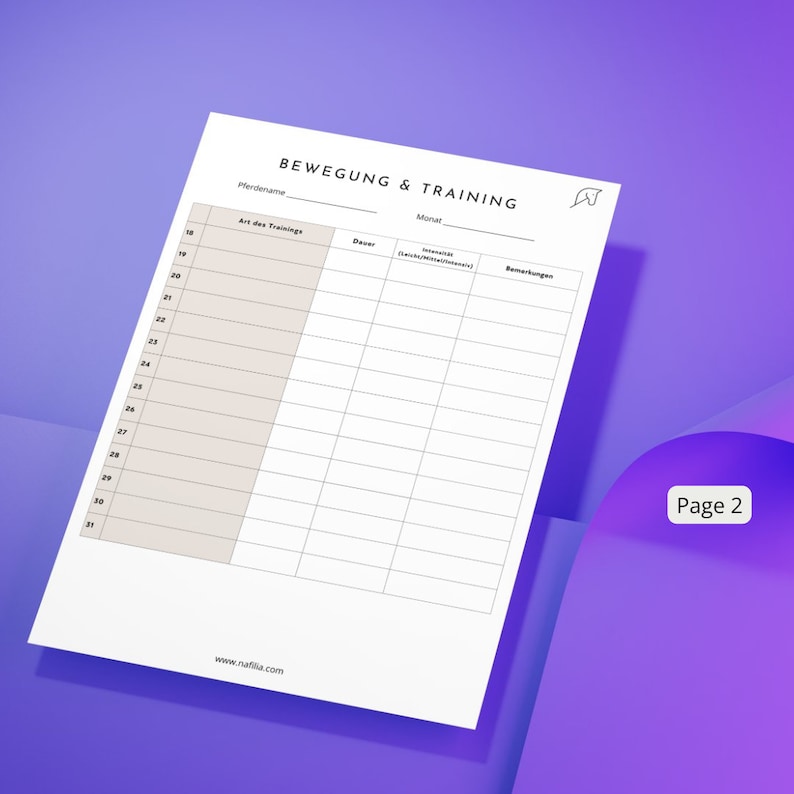 Monatliches Trainingsprotokoll für Pferde | Pferde Trainingsplaner | Printable Training Log A4 | Pferdefitness Tracker