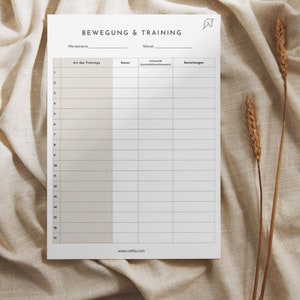 May include: A printable horse training log with columns for the date, type of training, duration, intensity, and notes. The title of the log is "Bewegung & Training".