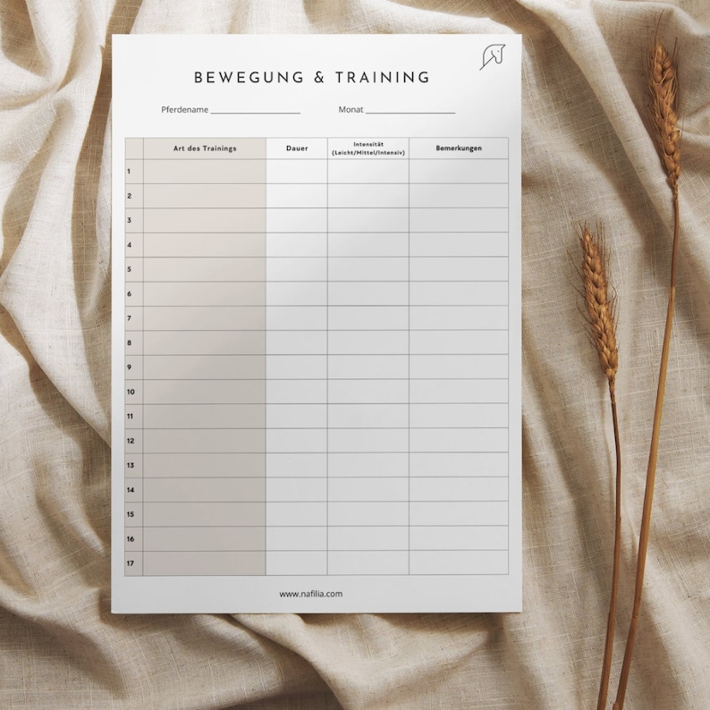 May include: A printable horse training log with columns for the date, type of training, duration, intensity, and notes. The title of the log is "Bewegung & Training".