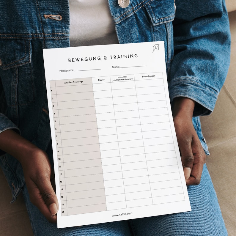 May include: A printable horse training log with columns for the horse's name, month, type of training, duration, intensity, and notes.