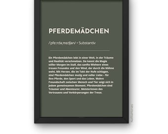 Pferdemädchen Definition Poster, gedrucktes Pferde Plakat in verschiedenen Größen OHNE Rahmen, Geschenk für Kinder und Reiter, Grün