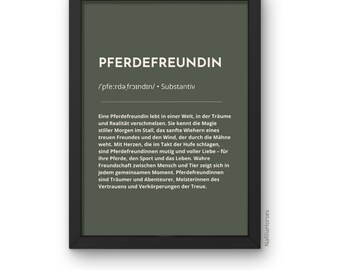 Pferdefreundin Definition Poster, gedrucktes Pferde Plakat in verschiedenen Größen OHNE Rahmen, Geschenk für Kinder und Reiter, grün