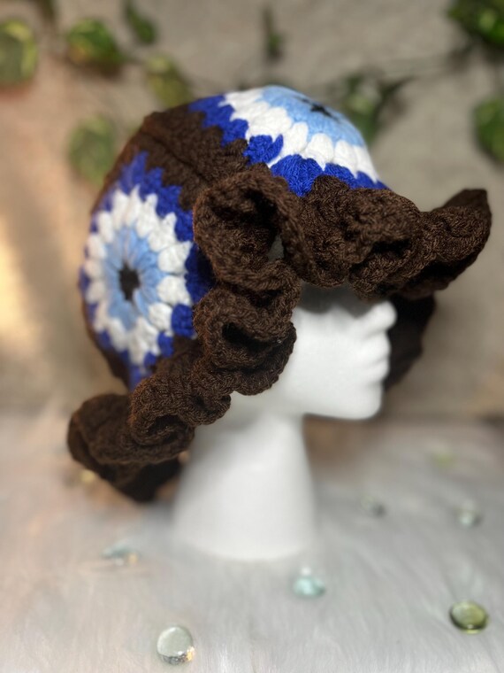 Something Blue Crochet Hat - Flower Granny Square Ruffle 