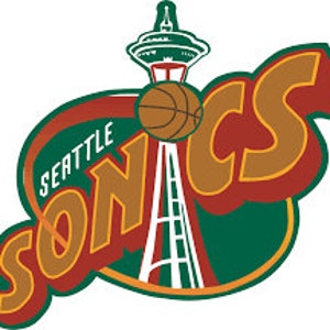 May include: A green, orange, and white Seattle Sonics logo with a basketball and the Space Needle. The word "Seattle" is in white and the word "Sonics" is in orange.