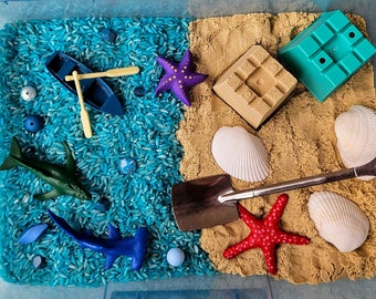 Ocean and boat themed Sensory Bin with sea animal toys for montessori play activity educational Christmas gift for toddlers