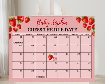 Strawberry Baby Shower Game, Guess Due Date Calendar (Digital Download)
