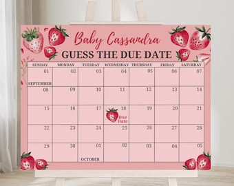Strawberry Guess Due Date Calendar, Baby Shower Game (Digital Download)
